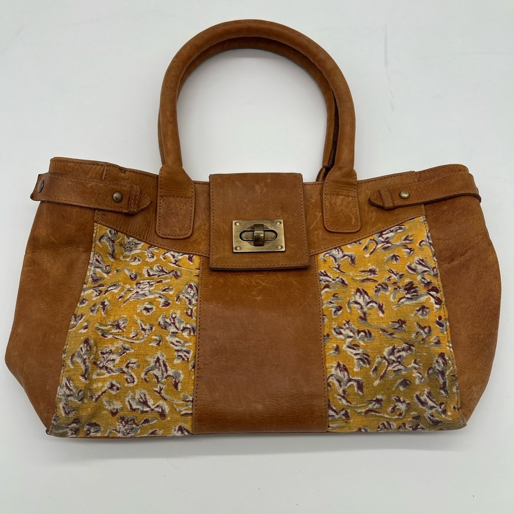 JOYN Canvas & Leather Satchel Tote Bag – Yellow Floral Print –Handmade Fair Trad